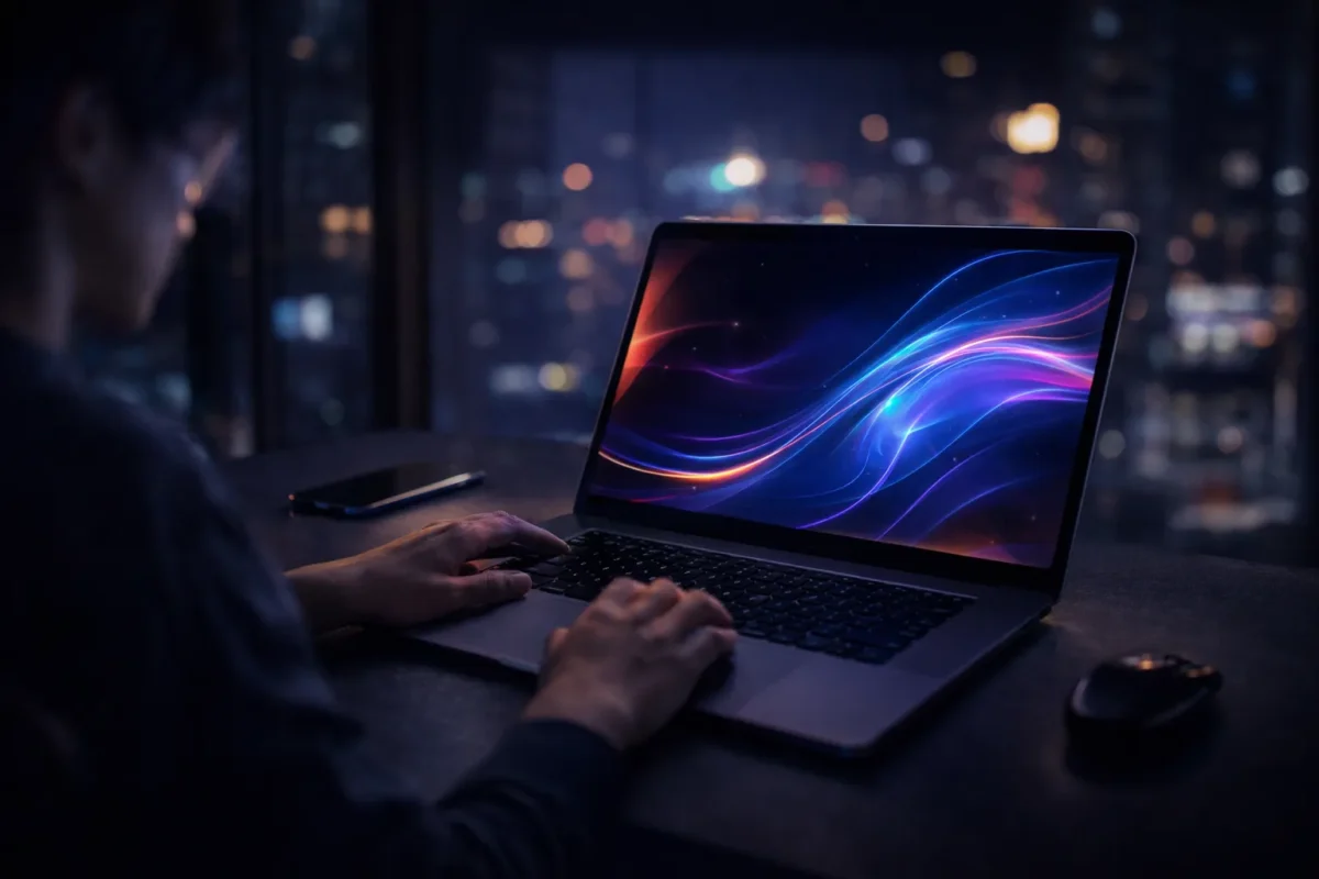 designer working on a laptop with neon abstract visuals on screen