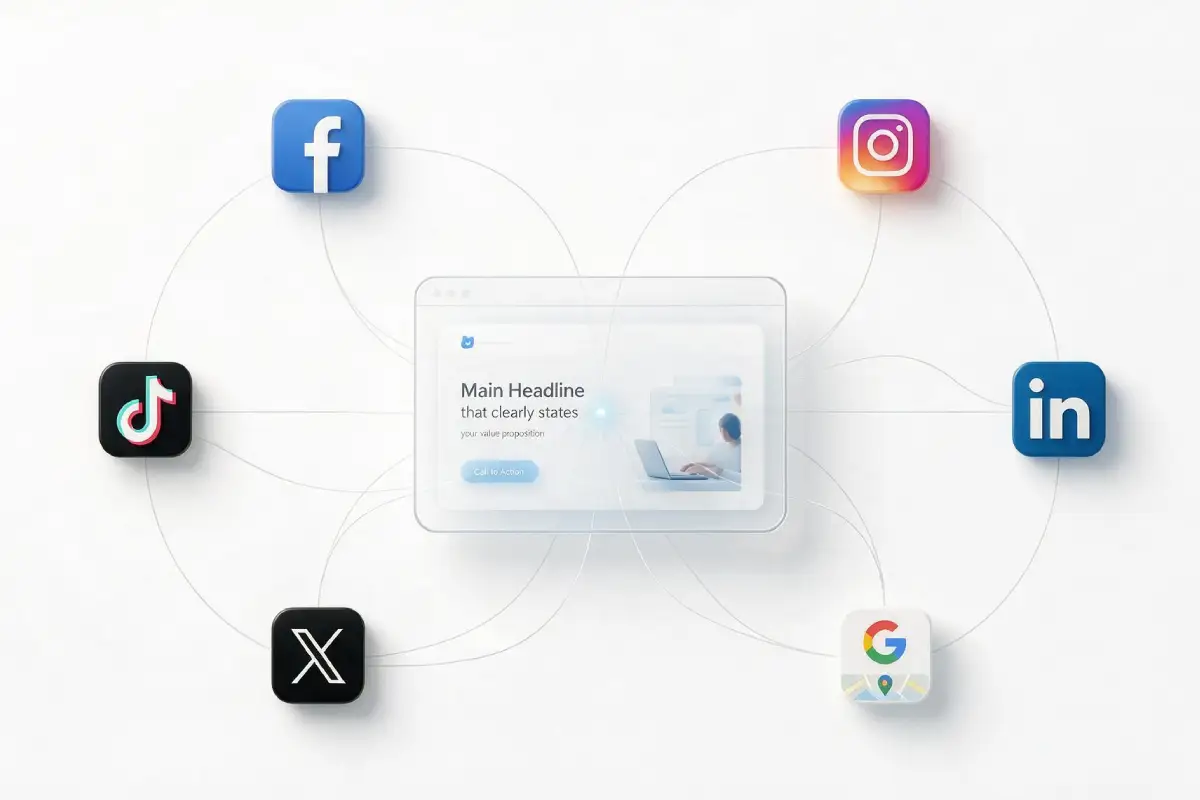 Business website connected to Facebook, Instagram, TikTok, LinkedIn, X and Google Business Profile.