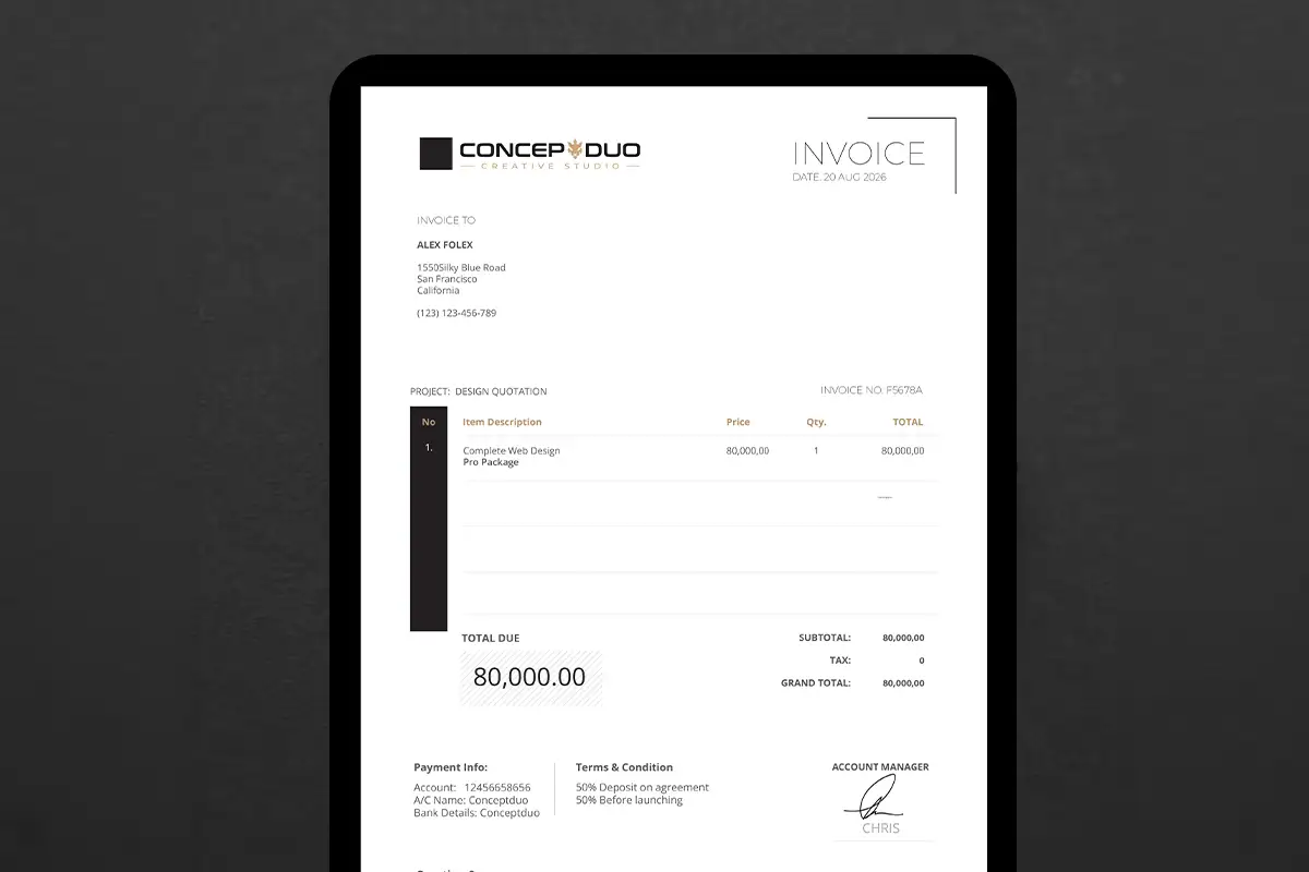 Concepduo branded invoice design showing a professional website project quotation and payment summary