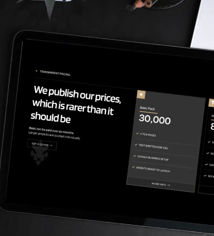 Concepduo website pricing page displayed on a tablet, showing transparent pricing and the Basic Pack at 30,000 THB