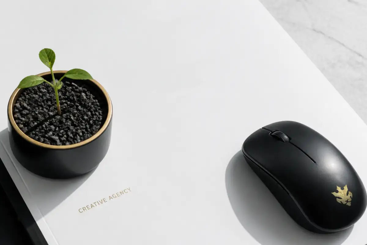 Creative agency workspace with a branded mouse and small plant representing business growth and development