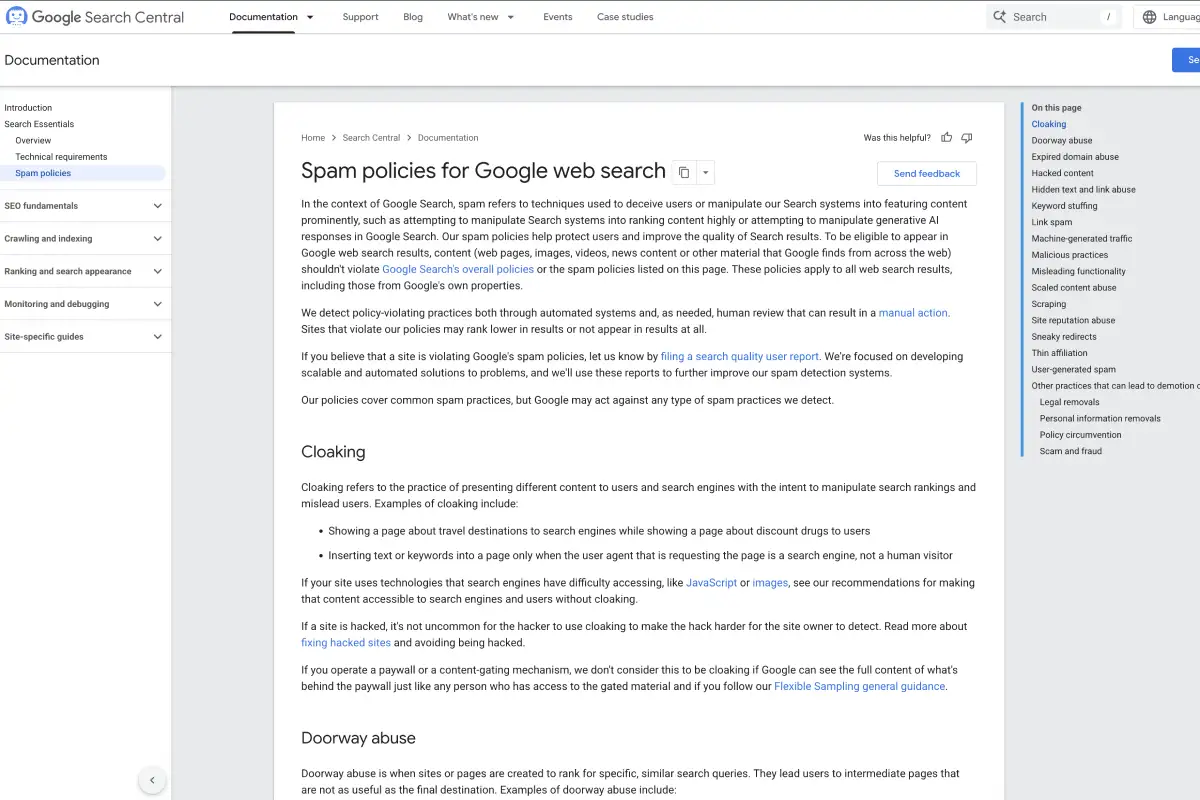 Google's spam policies page for web search, which covers link schemes and manipulating rankings