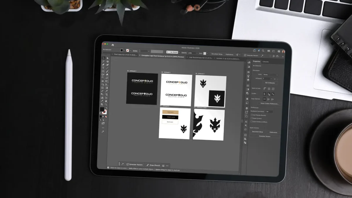 Concepduo logo artboards in Illustrator, showing the mark in colour, black and white versions