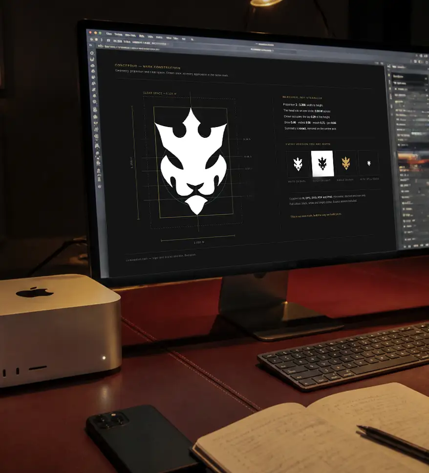 Logo design in progress at Concepduo's Bangkok studio, showing the brand mark and its construction on screen