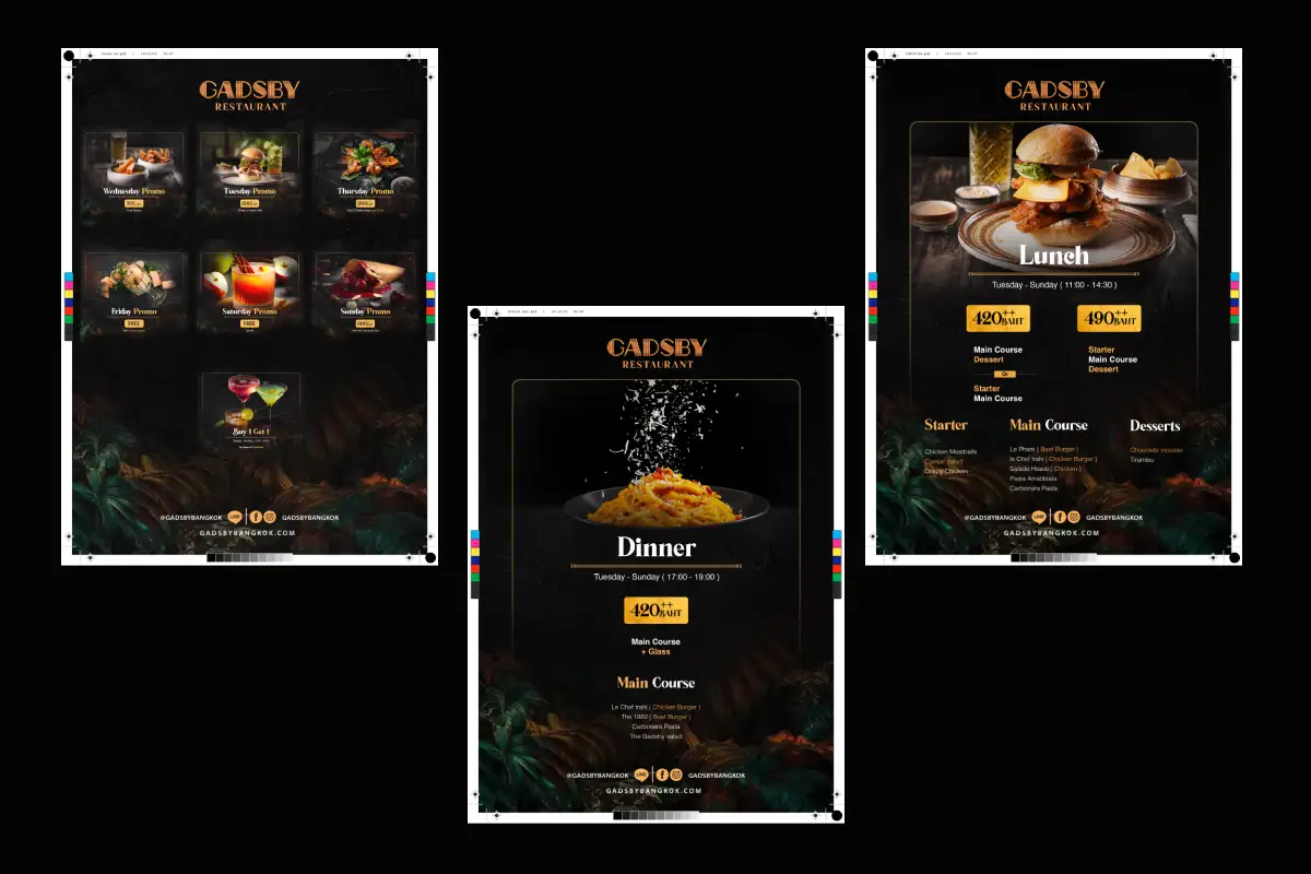Print ready PDF artwork with crop marks, bleed and colour bars, supplied for a Bangkok restaurant menu