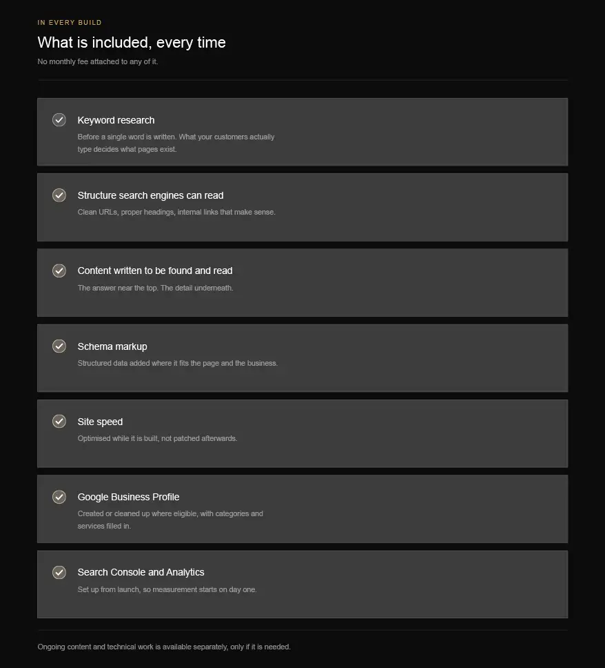 The SEO work included in every website Concepduo builds, from keyword research to Search Console setup