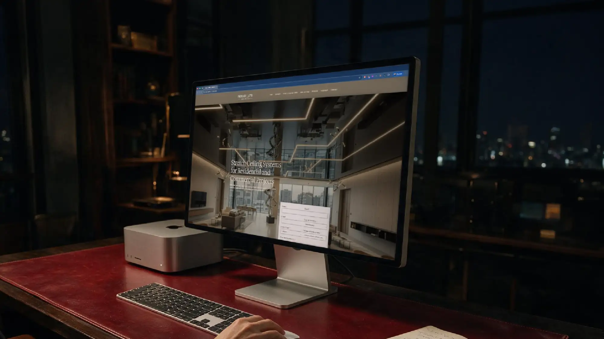 Stretch ceiling company website displayed on a desktop monitor, featuring residential and commercial ceiling projects