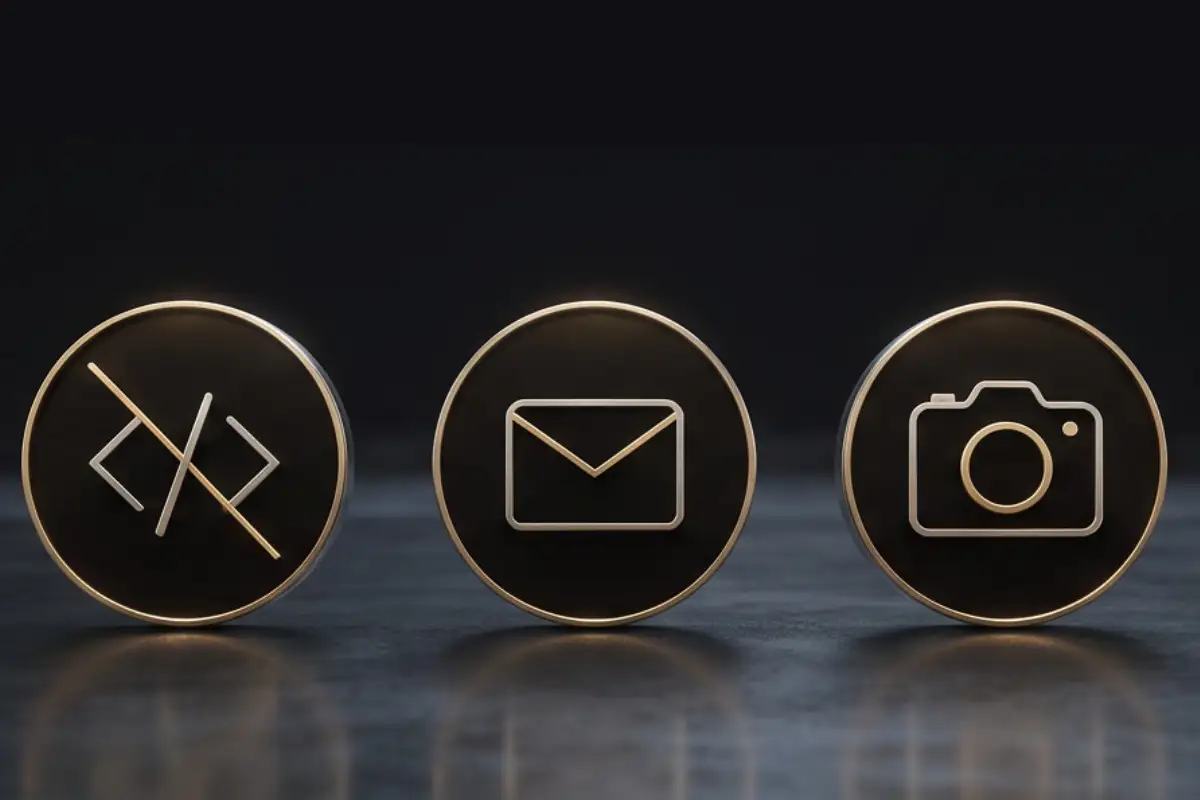Icons representing web development, email communication and photography services