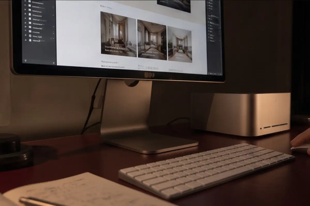 ebsite layout being designed on a desktop screen, showing page structure, images and interface elements during development