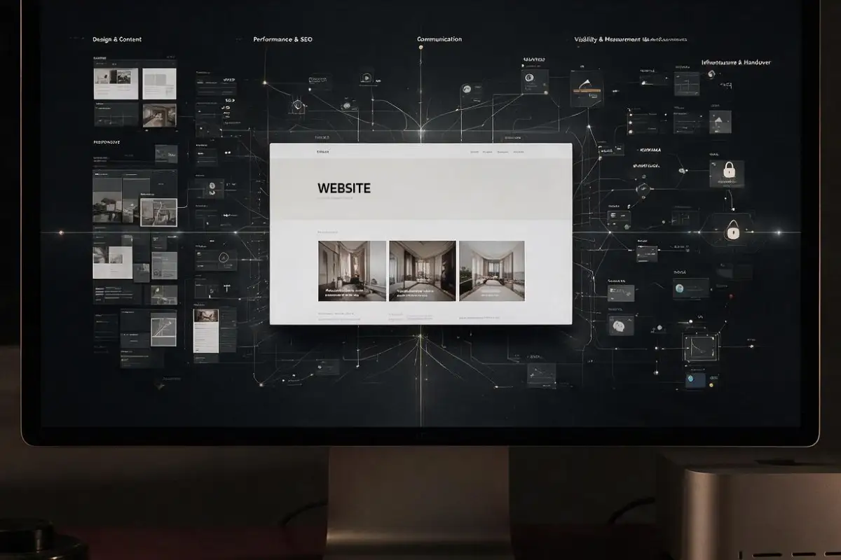 Website design workflow showing content, SEO, communication, visibility and digital strategy connected around a central website