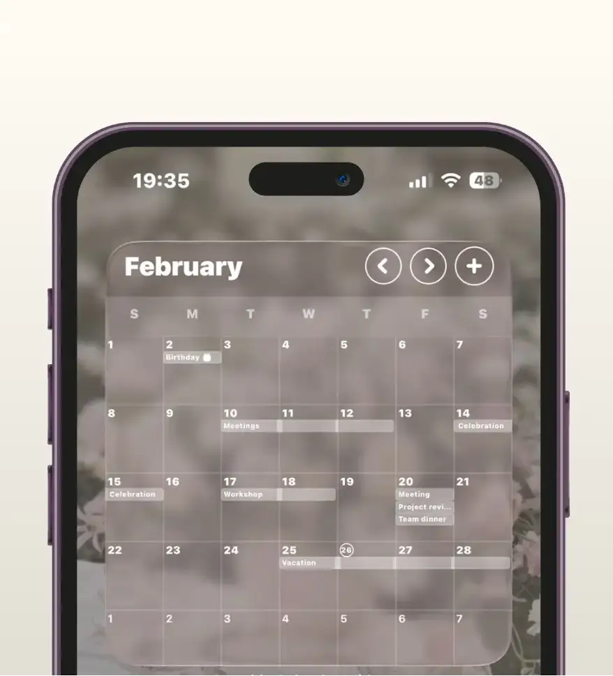 Project calendar displayed on a smartphone, showing meetings, workshops, reviews and scheduled website project tasks