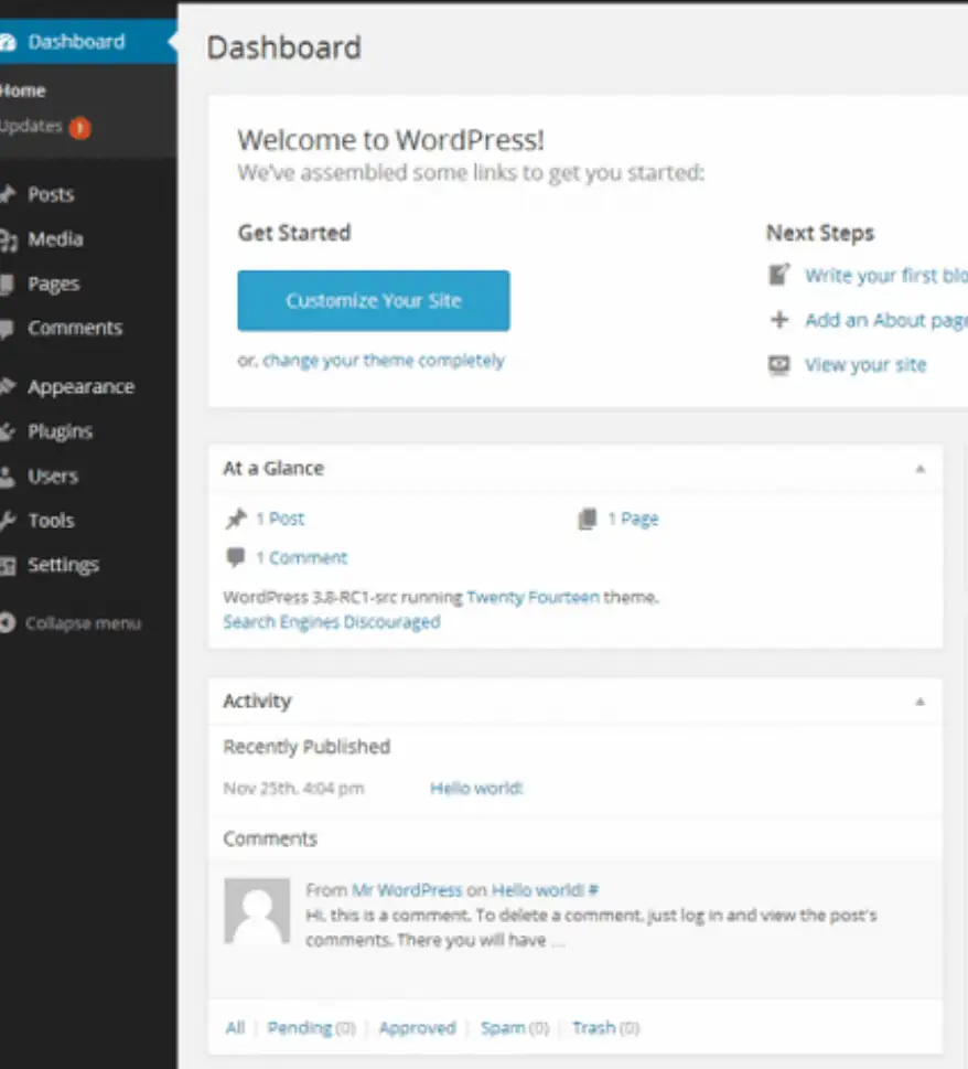 WordPress admin dashboard showing tools for managing website pages, posts, media, plugins, users and settings.