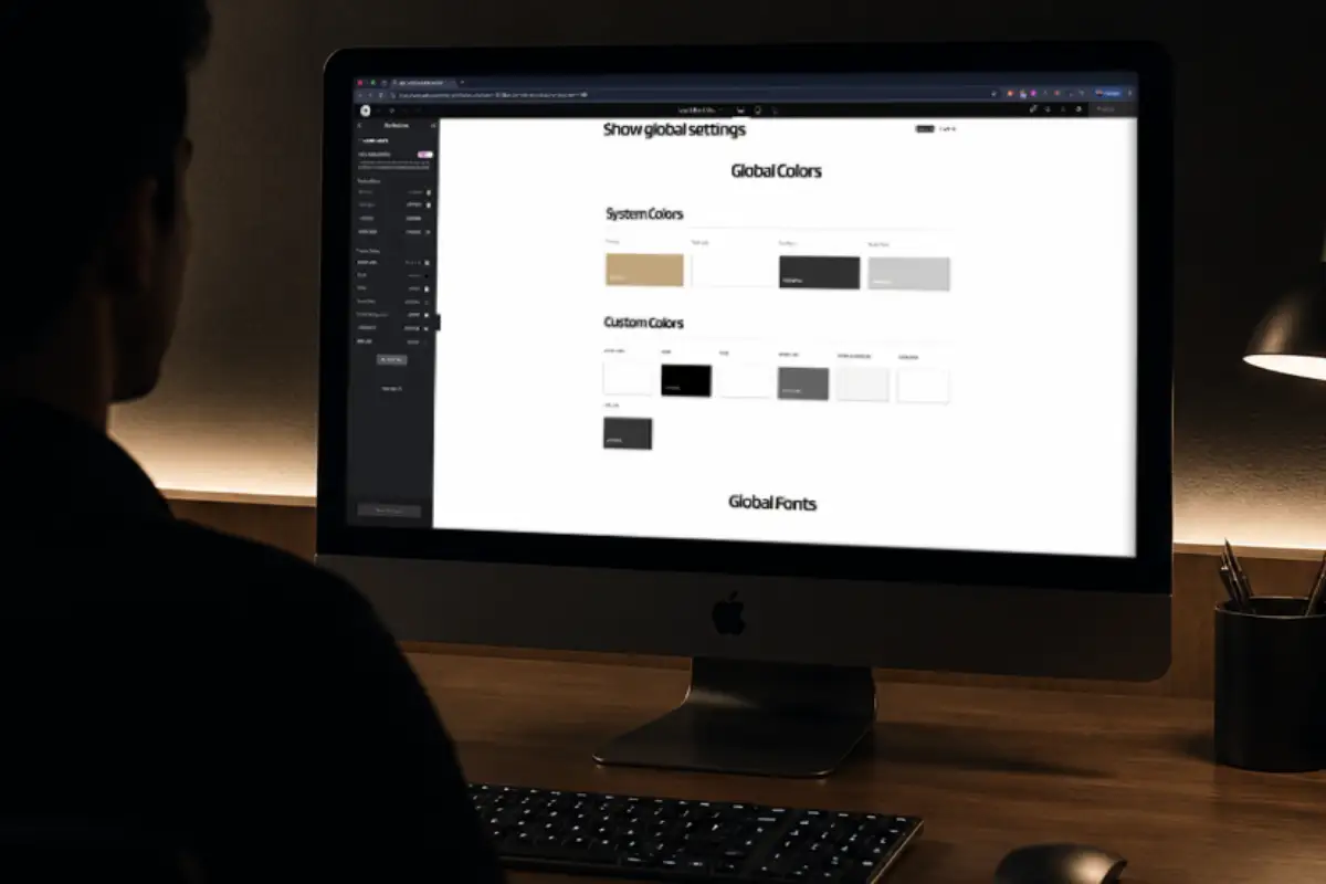 Web designer working in WordPress Elementor on global colors and fonts for a website design system