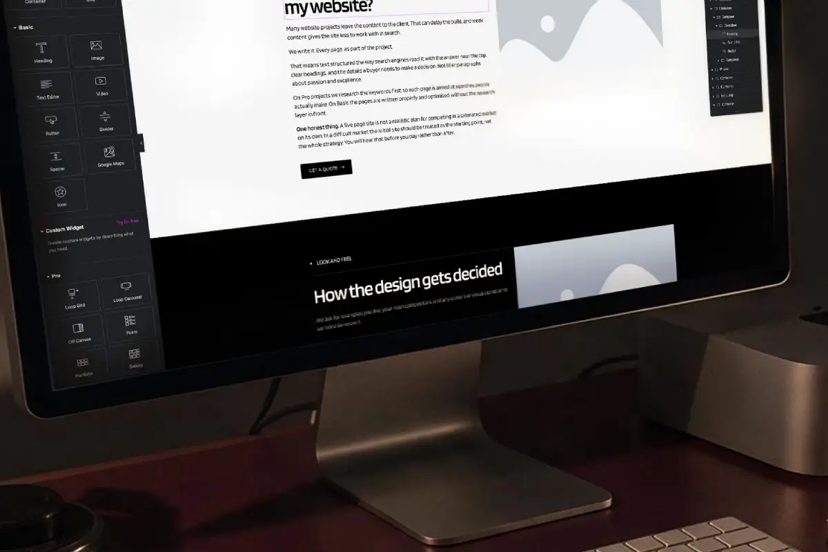 Website page being designed in WordPress Elementor, showing content writing and layout development on a desktop screen