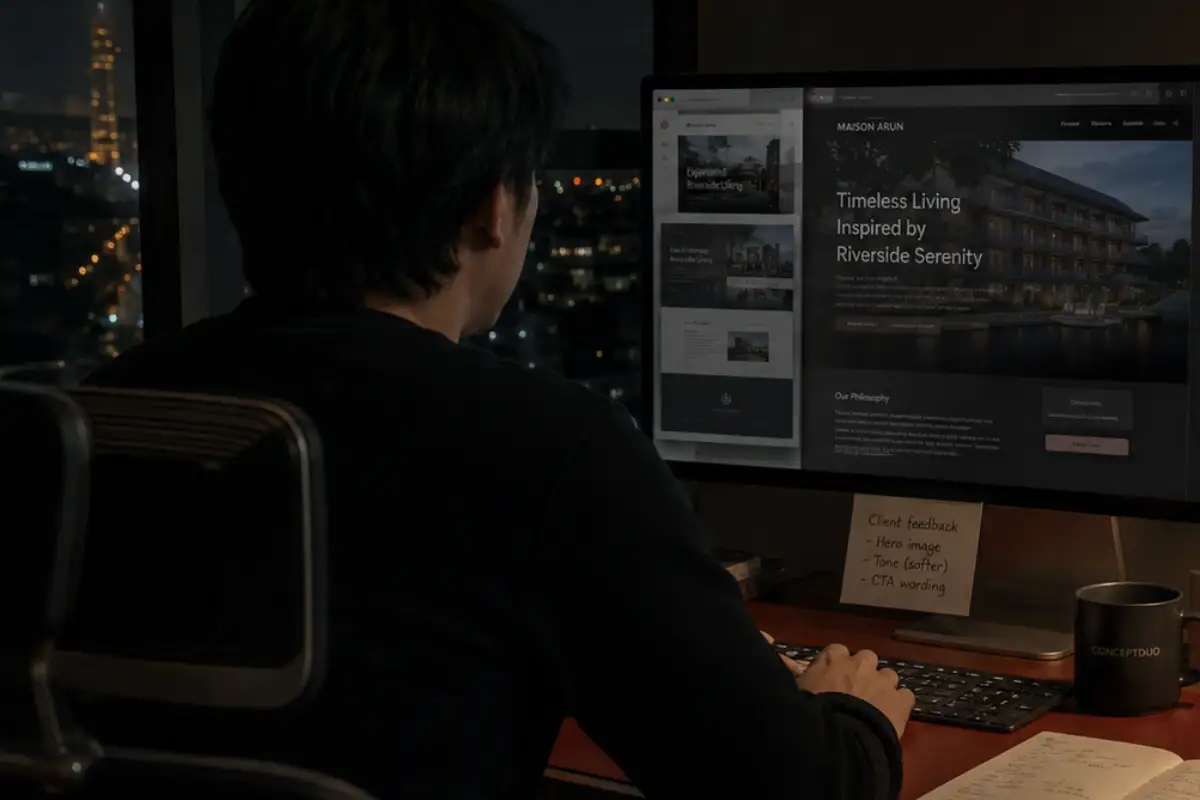 Web designer reviewing a client website and feedback at a Concepduo workspace in Bangkok at night.
